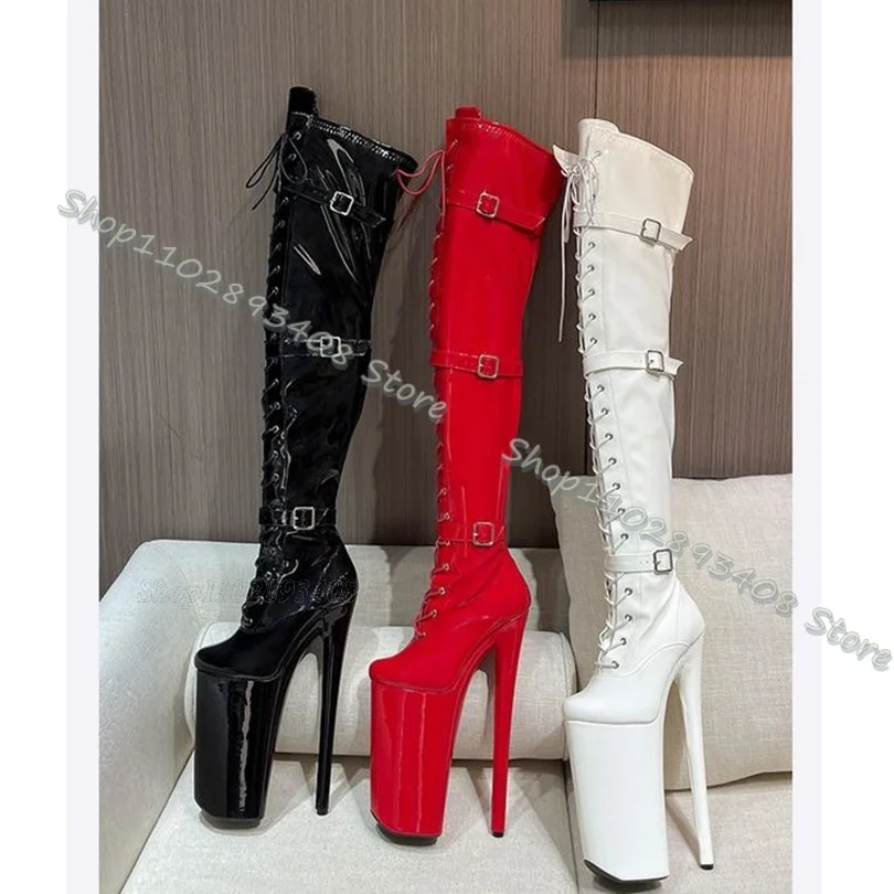 White High Platform Knee Boots Round Toe Side Zipper Stiletto Lace up British Style Sexy Party Women Boots Zapatos Para Mujere