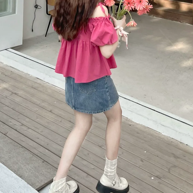 Sweet Puff Sleeve Pleated Blouse Summer New Off Shoulder Lacing Solid Color Loose Short Shirt Tops Cute Fashion Women Clothing