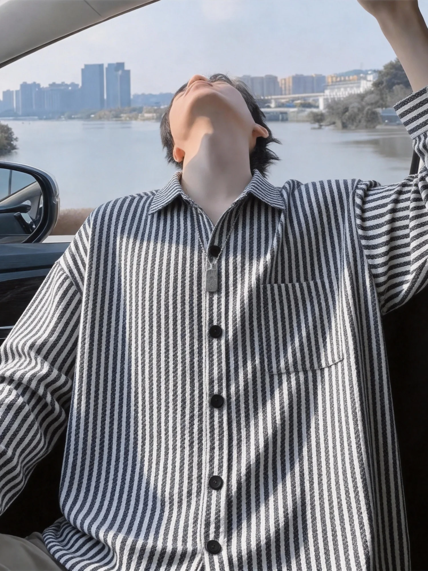 

American Retro Striped Long Sve irt Men's Spring Heavyweight Casual Open Cardigan Jaet Teenage Versatile Loose irt