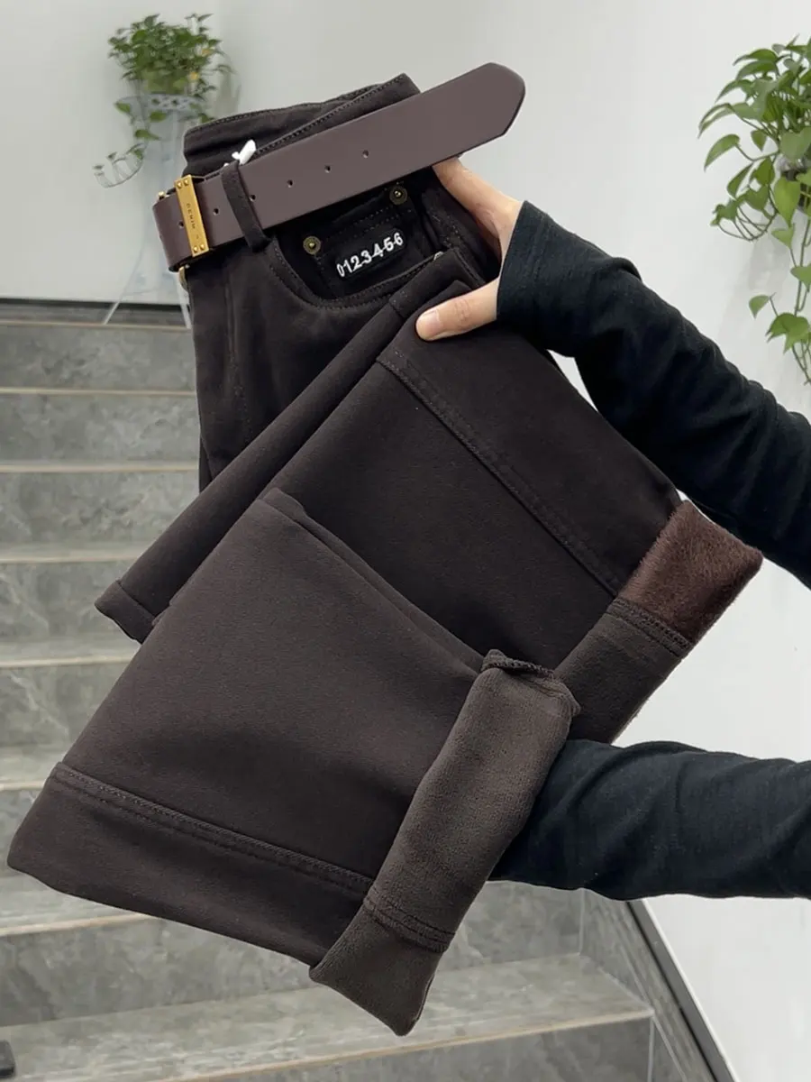 

Утепленные зимние джинсы с высокой талией, прямые брюки с поясом, длинные брюки больших размеров, повседневная одежда для похудения