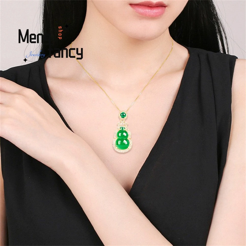 Authentic Natural Green Agate Calabash Copper Gold Plated With Ice Jade Pendant Women's Necklace Fashion Pendant Fine Jewelry