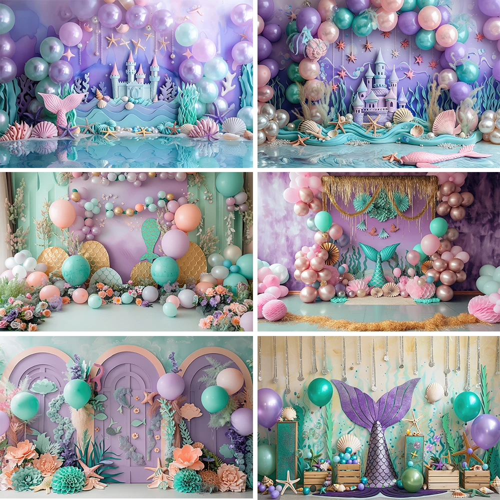 

Mermaid Castle Theme Photography Background Dearmy Princess Girl Mermaid Shell Photo Event Decors Child Birthday Cake Props Gift