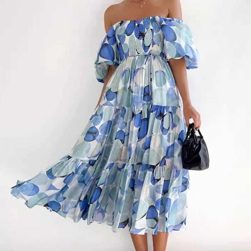 เดรสพิมพ์ลายดอกไม้แขนพอง สไตล์เซ็กซี่เปิดหลัง คอเฉียง ผ้ามีความยืดหยุ่น เอวสูง กระโปรงสั้น/ยาว รุ่นใหม่สำหรับฤดูร้อน