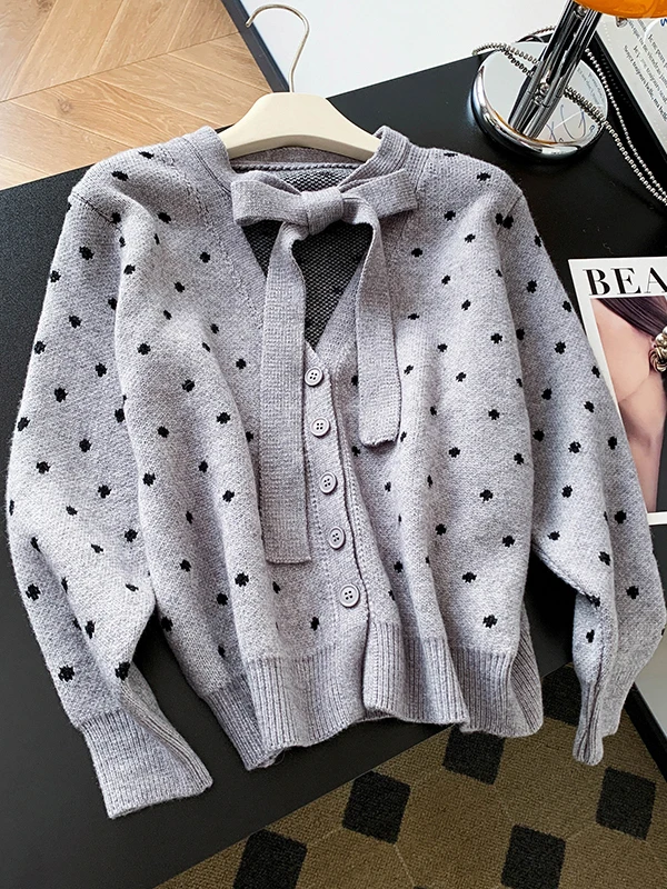 

Корейский японский горошек с галстуком-бабочкой, открытый кардиган, пальто, женское зимнее пальто большого размера, дизайн, небольшой топ с фигуркой