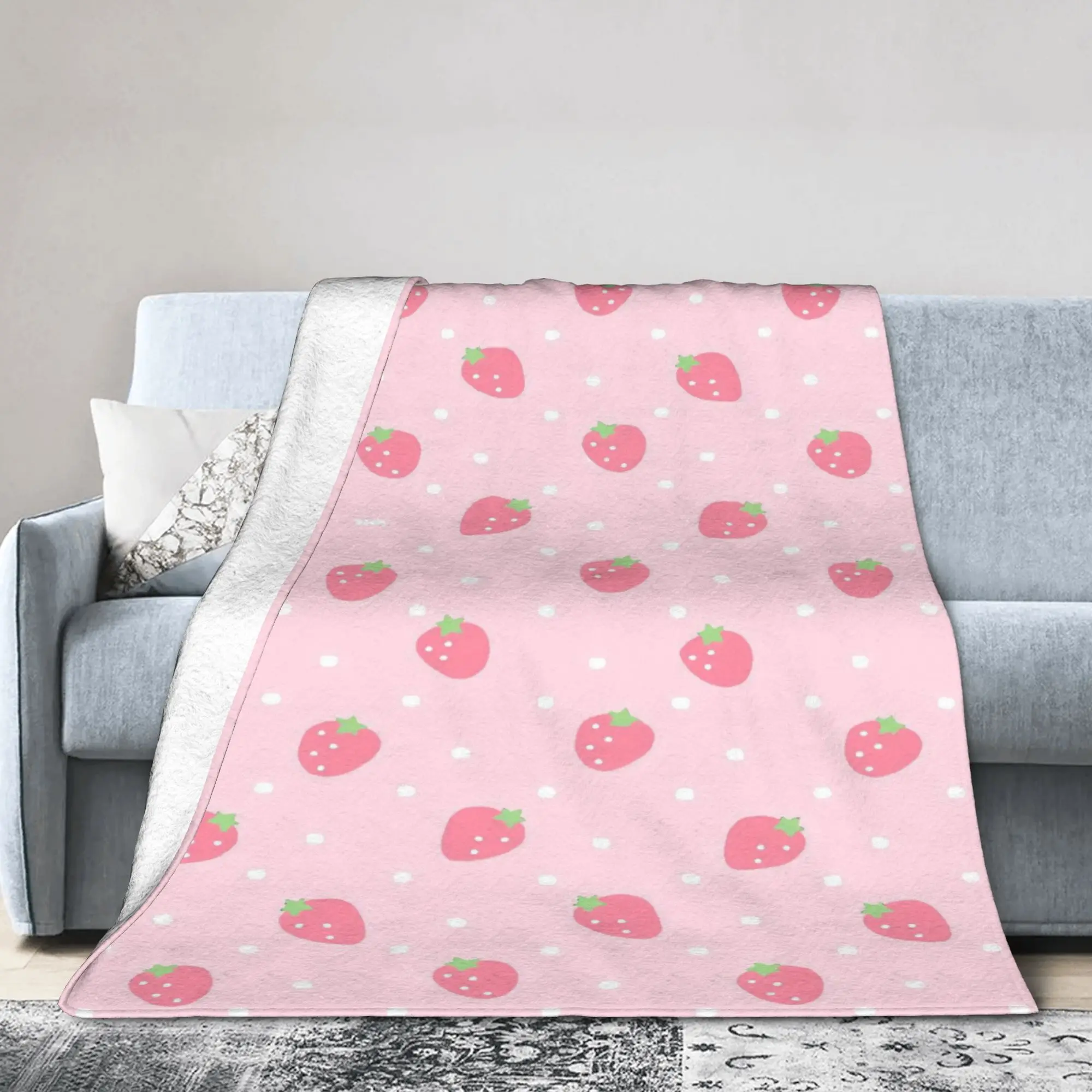 Pink Strawberry Polka Dot Blanket  Warm Soft Aesthetic Plush Throw Blanket For Bedroom Travel Flannel Bedspread Bed Cover
