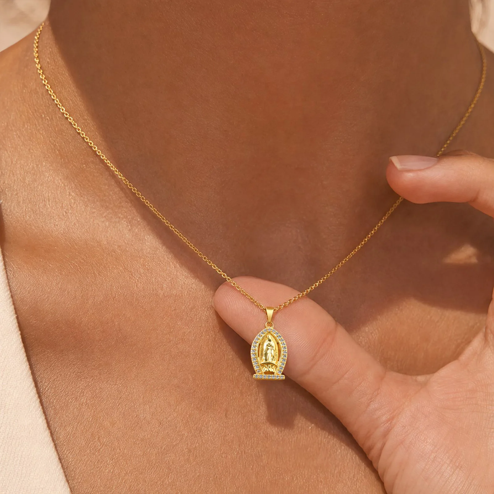 Virgin Mary Necklace for Women, CZ 18K Gold Plated Stainless Steel Religious Pendant, Christian Faith Gift Jewelry