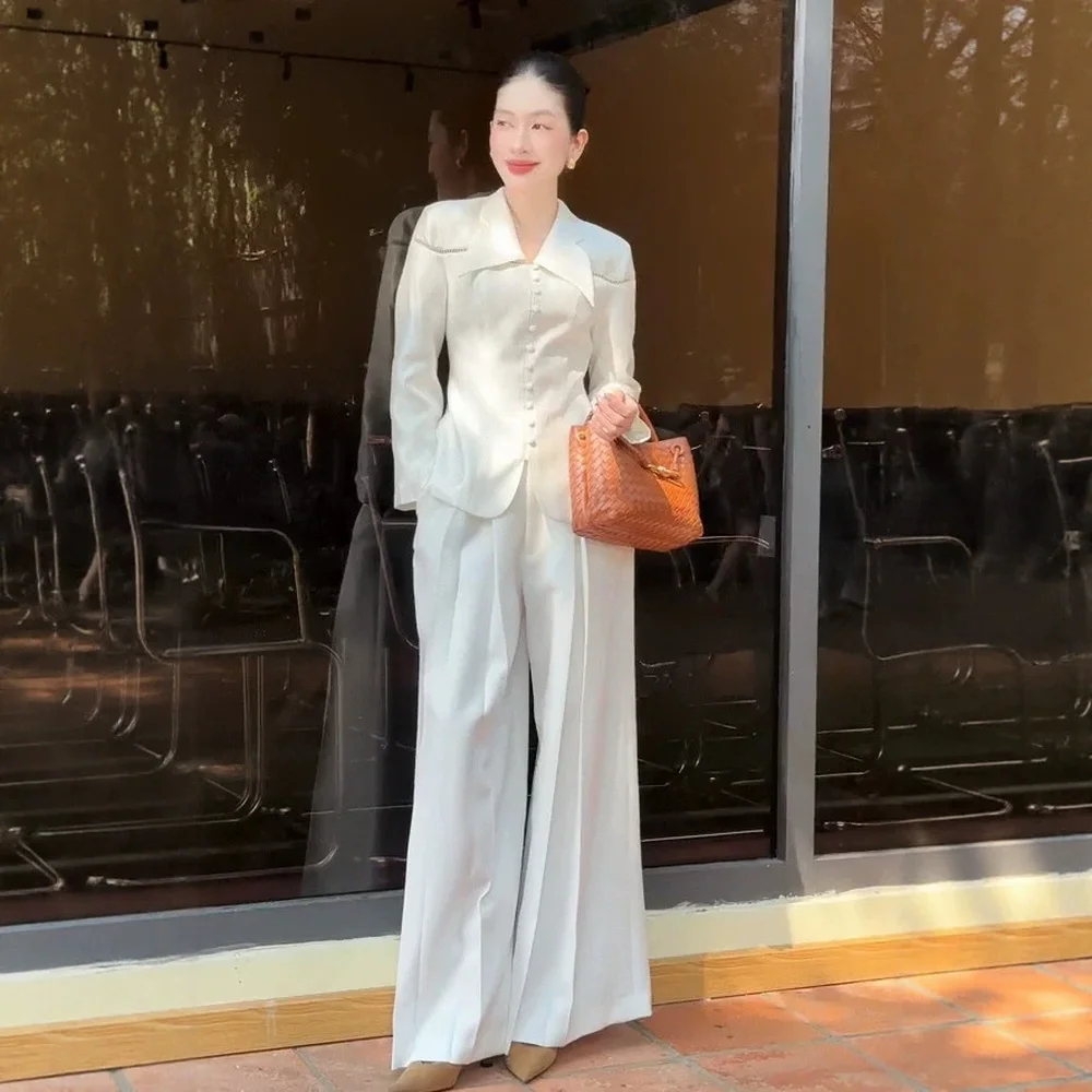 

Women Blazer Suits 2 Piece Set Long Sleeve Notched Lapel Office Blazer Wide Leg Pants Matching Set Spring Summer