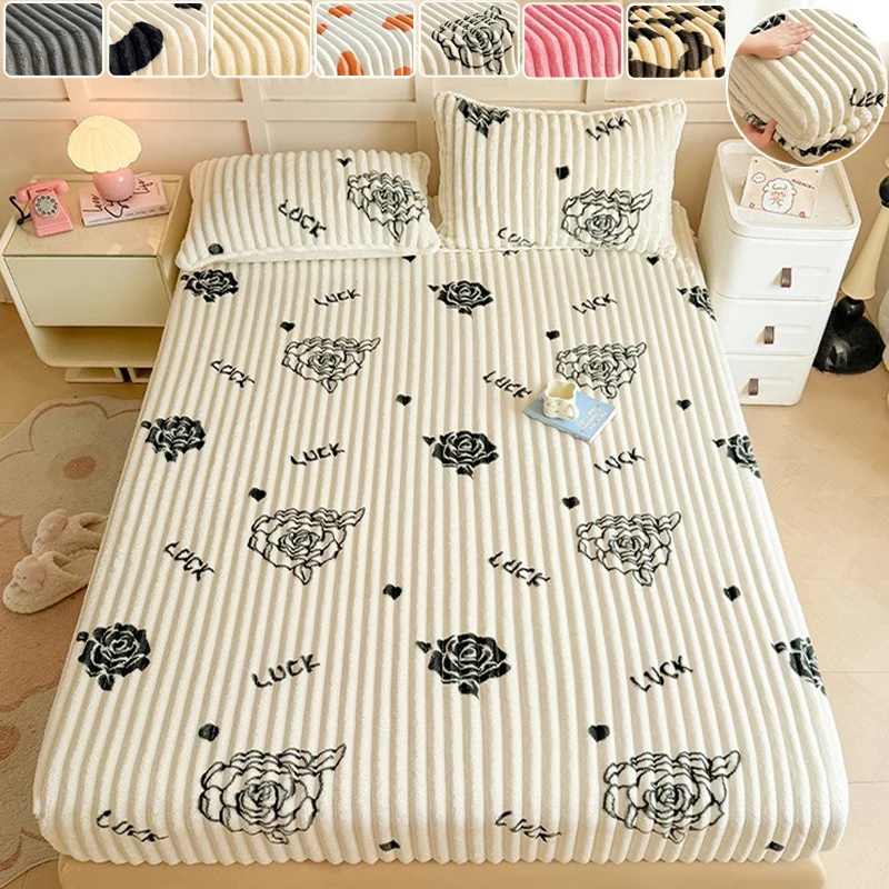 2026 Striped Printed Fitted Sheet Simple Style Winter Thicken Warm Bedroom Mattress Cover Bedding Product Sabanas Individuales