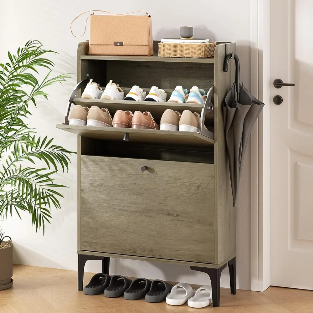 

Modern Hidden Shoe Cabinet, Adjustable Narrow Slim Shoe Rack Cabinet Freestanding Organizer with Metal Legs for Entryway