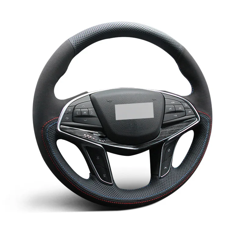 Genuine Leather Suede Steering Wheel Cover Light Blue Thread Car Accessoires Specifically for Cadillac CT6 / XT5 / CT6 PLUG-IN