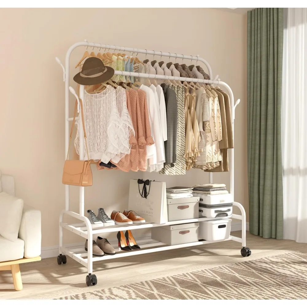 

Sturdy Metal Double Rodding Clothes Rack With Wheels, Portable Clothing Rack With Shelves & Hooks, Heavy Duty Garment Racks for