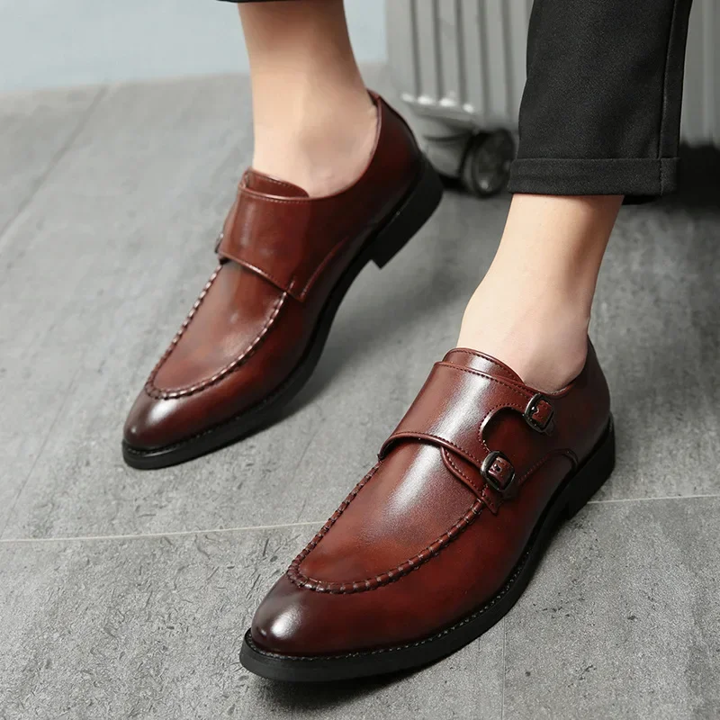 Japanese Business Leather Shoes Men's Large Size Formal Munk Shoes Men's Casual Low Top Buckle Monk Shoes PX041