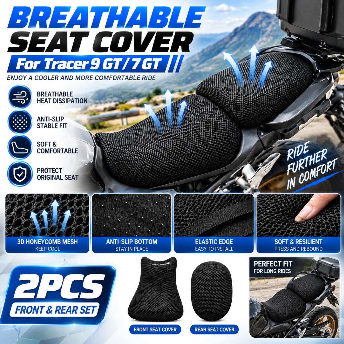 Motorcycle 3D Mesh Seat Cover Breathable Anti Slip Heat Insulation Cushion Protector For Tracer 9 GT 7 GT Rider Passenger Seat