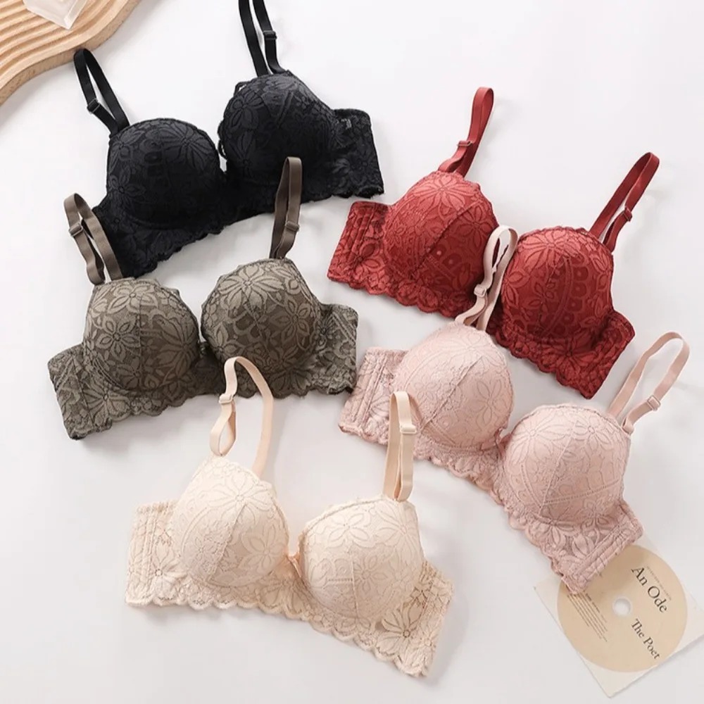 

Gathered Breasts Wireless Deep V Bra Close-fitting Anti-sagging Lace Flower Brassiere Adjustable Shockproof Seamless Bras