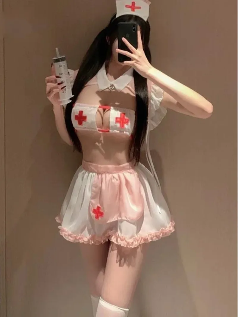 Women's Exotic Summer Fashion new Clothing Sweet and Cute Ruffle Nurse Uniform Collar Splicing Sexy Hollow Short Skirt Set 9HAA