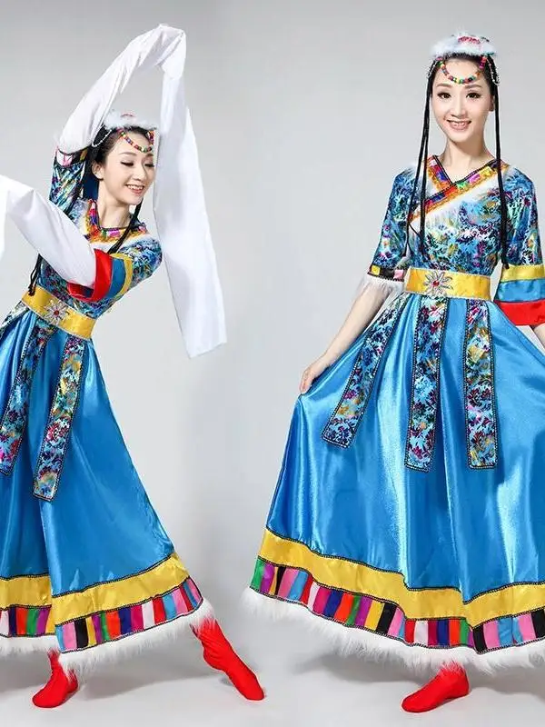 

Chinese Folk Costume Women's Stage Performance Dress Tibetan Dance Water Sleeve Dance Clothing