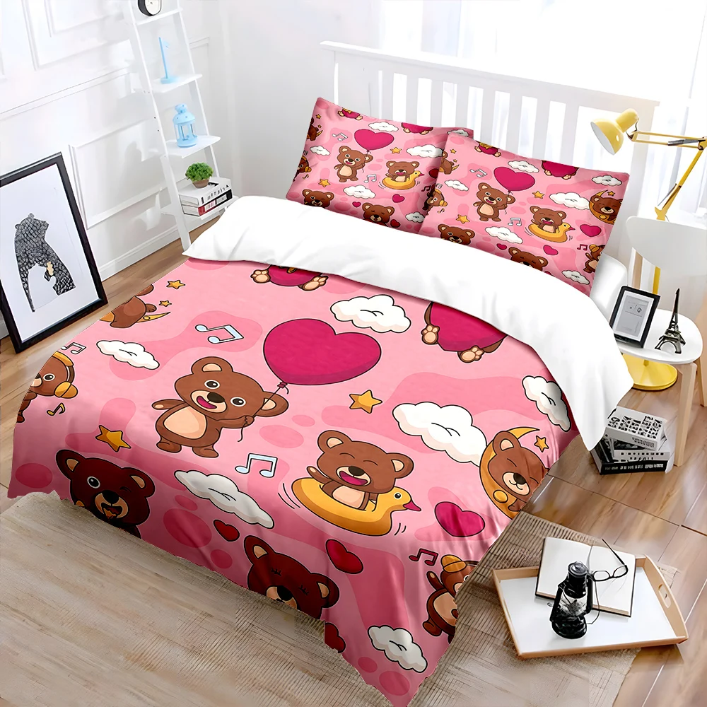 Cartoon bears on pink background Bedding Set for Kids Luxury Gift 3pcs Digital Print Comforter Set Soft Comfortable Breathable
