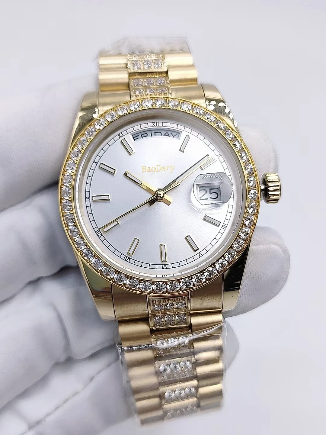 Elegant 36mm Watch for Ladies Diamond Case Strap Mechanical Movement Dual Calendar Ultimate Timepiece Accessory