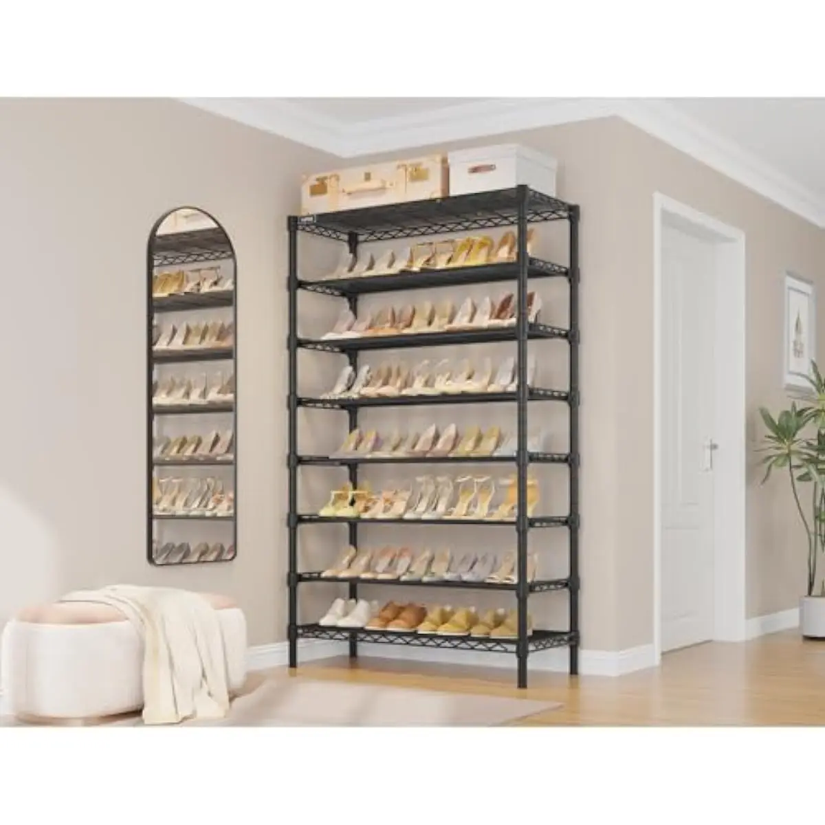 S1 Plus 8-Level Freestanding Carbon Steel Shoe Organizer | Rectangular Powder-Coated Rack | Adjustable Detachable Wire Shelves |