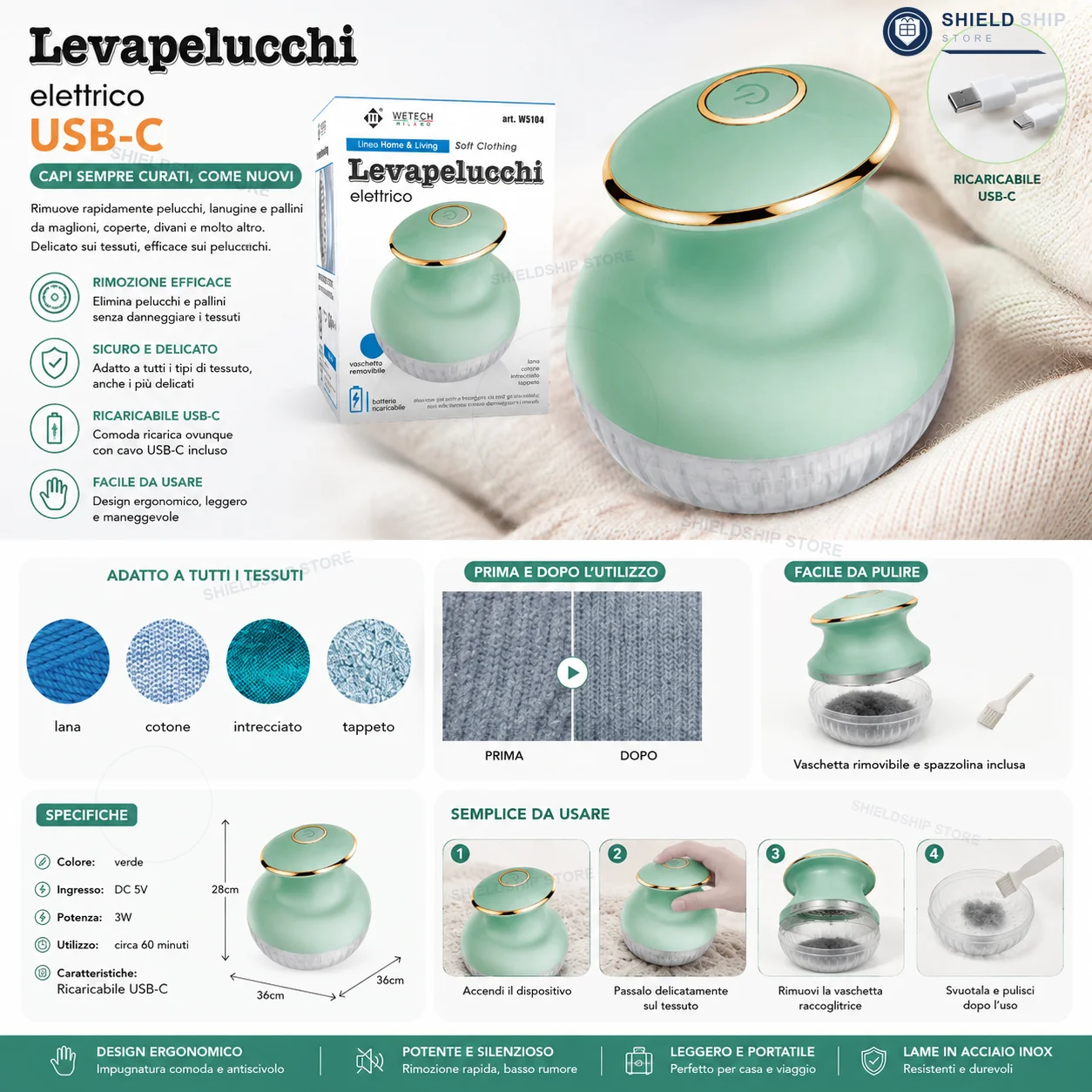 Rimuovi-pelucchi Elettrico, Ricaricabile USB-C, Rasoio per Tessuti Portatile con Contenitore Rimovibile per Pelucchi, Dispositivo Anti-pelucchi per La