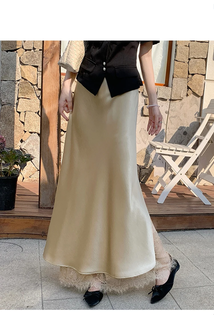 2026 Sommer Herbst Neuer Schlanker Hochwertiger Modischer Halbrock Eleganter Spitzenbesatz Satin Seitenschlitz Damen Midi-Rock – Detail 17
