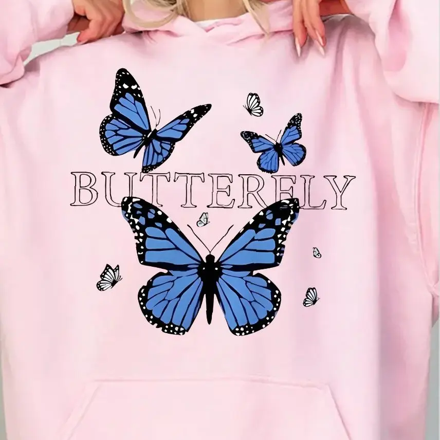 

Aesthetic Sweatshirt Long Sleeves Stylish Pullover Y2K Graphic Hoodies Crew Neck Unisex Casual Daily Wear Blue Butteflies