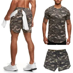 2024 Muscular men popular short-sleeved suit summer new fitness running casual camouflage sportswear two-piece set