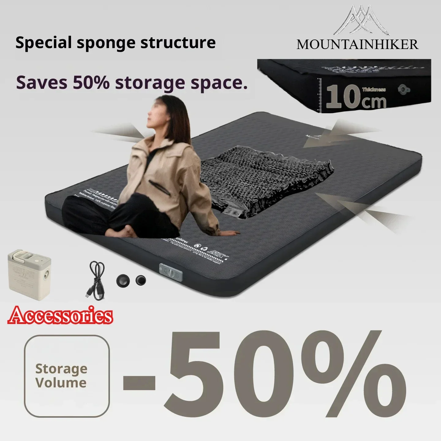 Outdoor Camping Automatic Air Mattress,Thickened Sponge Pad,with Air Pump,Self-inflating Mattress Duoble Person 200x140x10CM
