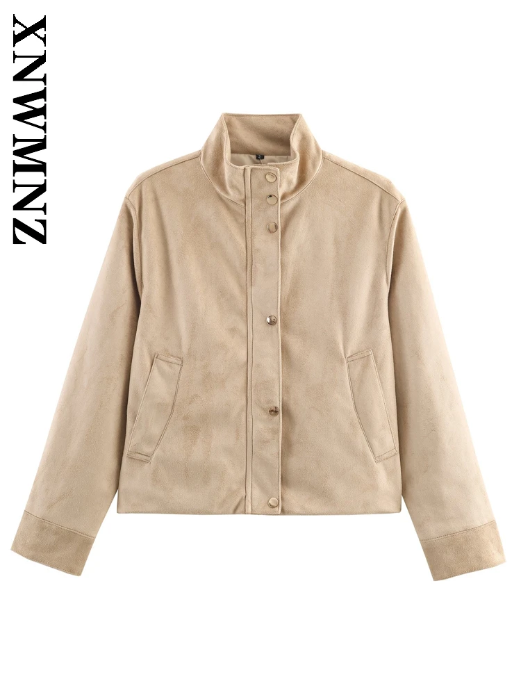 

XNWMNZ 2025 Autumn New Woman's Fashion Casual Stand Collar Long Sleeve Suede Coat Vintage Lady khaki Jacket zipper