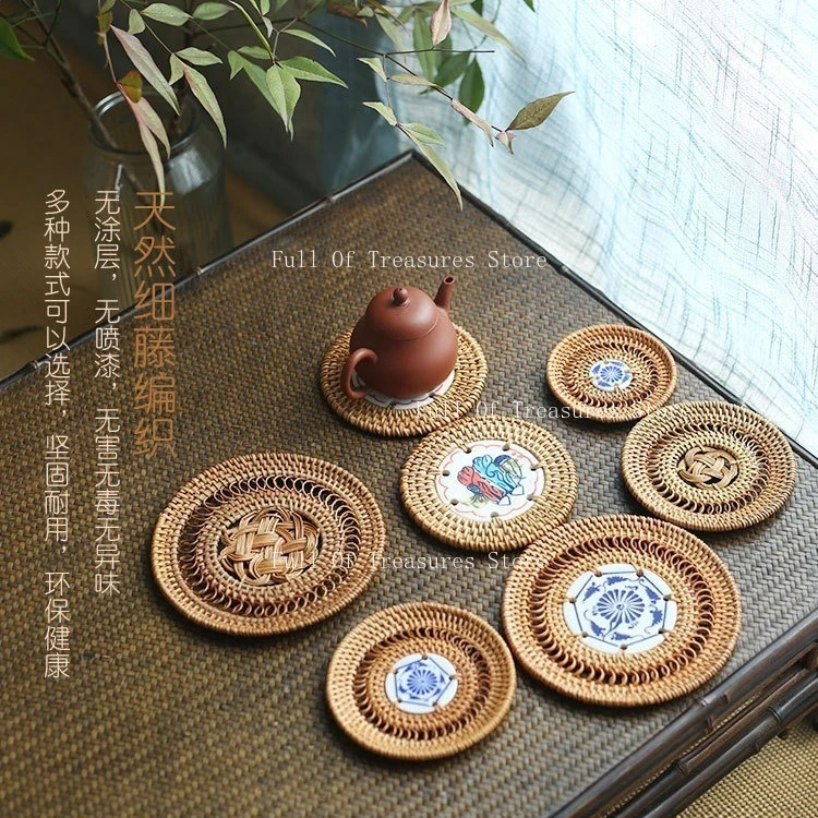 Pure handmade autumn rattan pad set, anti-scalding pot pad, heat insulation wooden storage, tea set pad accessories