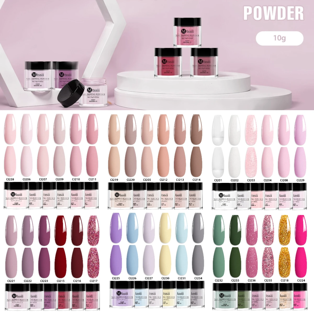 6PCS/SET Mtssii Dip Powder Nails Acrylic Dipping Powder Kit Need Liquid Base/Top Coat Activator Art Manicure DIY Salon Gifts