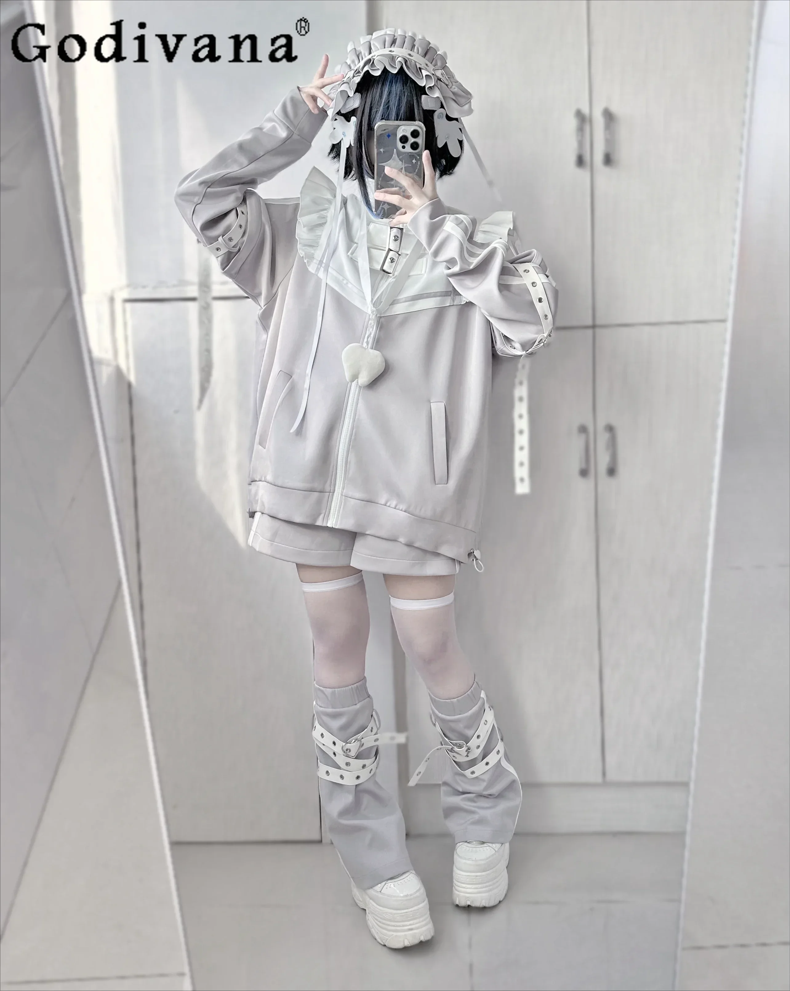 

Japanese Hoodies Shorts Set Two-piece Suit Women Loose Large Size Removable Sleeves Subculture Mine Mass-produced Sweatshirt