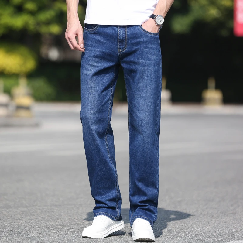 Spring Summer Men's Thin Straight-leg Loose Jeans Classic Advanced Stretch Baggy Pants Male Brand Trouse Plus Size 40 42 44