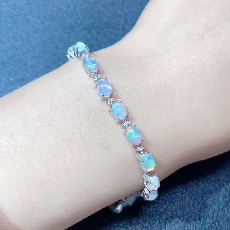 

Classic Natural Opal Bracelet for Woman Total 9.5ct 4mm*6mm Natural Opal Jewelry 925 Silver Gemstone Bracelet with Gold Plating