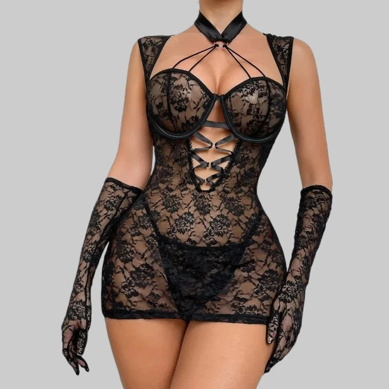 

Tornova Сексуальная спальная юбка-стринги с перчатками в стиле пэчворк Прозрачное кружево с вырезами Тонкий интересный элегантный пижамный комплект для горячих девушек