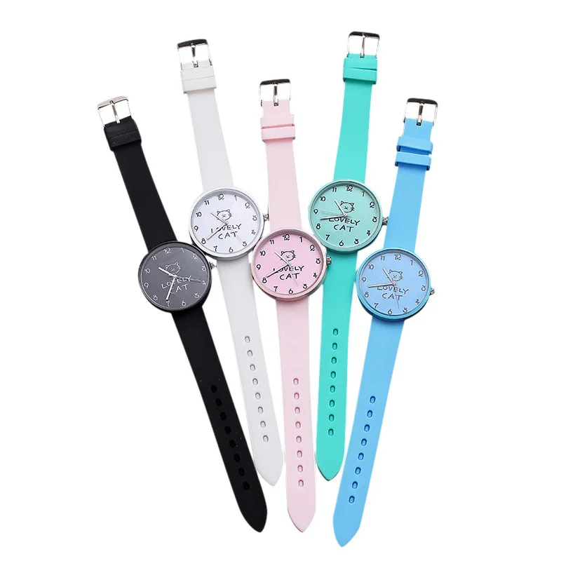 Candy Color Students Watches Cartoon Kids Quartz Watch Silicone Strap Clock Fashion Cat Watches Children Wristwatch Ladies Часы