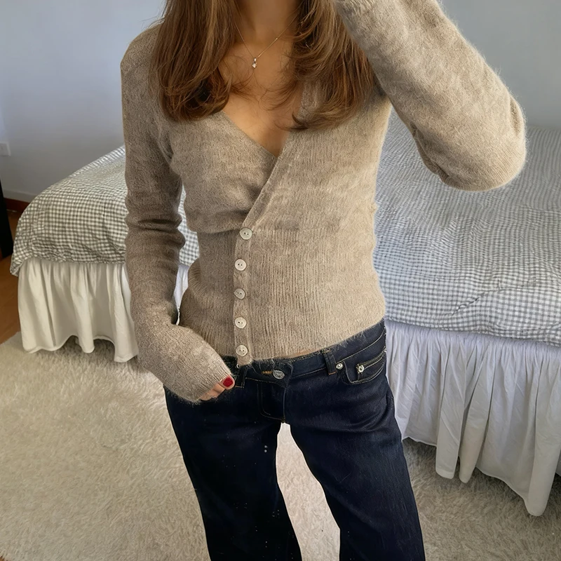 2025 Otoño Invierno de manga larga de moda cárdigan de mujer suéter de punto abrigo corto Casual de un solo pecho coreano ajustado Top femenino