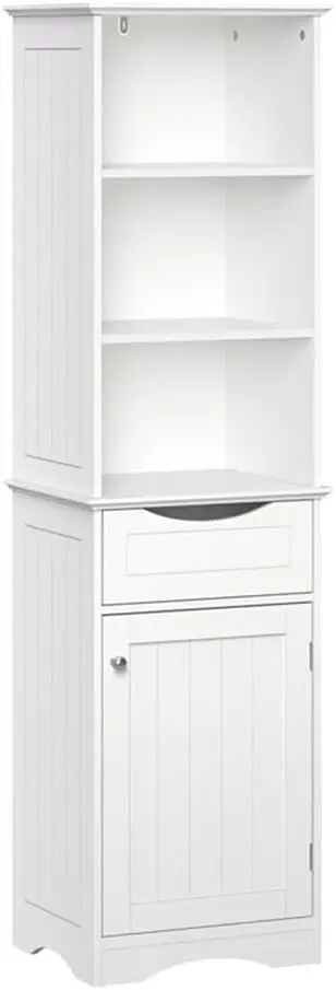 , White Ashland Bathroom Freestanding Storage Cabinet With Three Open Shelves And Drawer