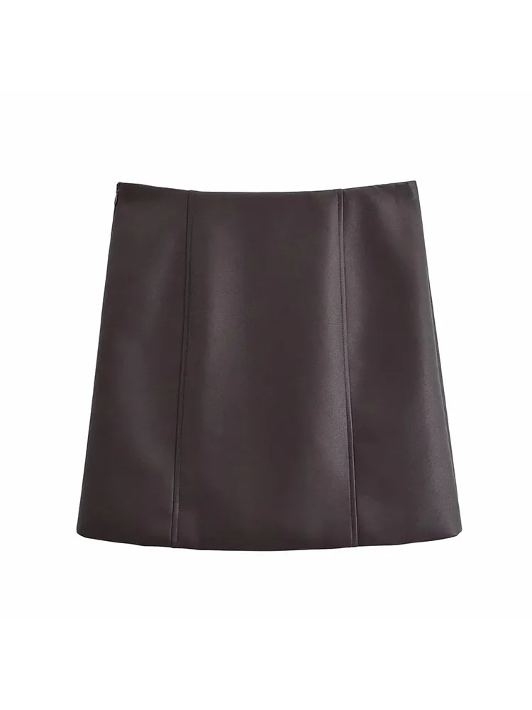 Falda de cuero marrón para mujer, minifaldas de oficina para mujer, falda acampanada, cintura alta, a la moda, invierno, otoño, 2025