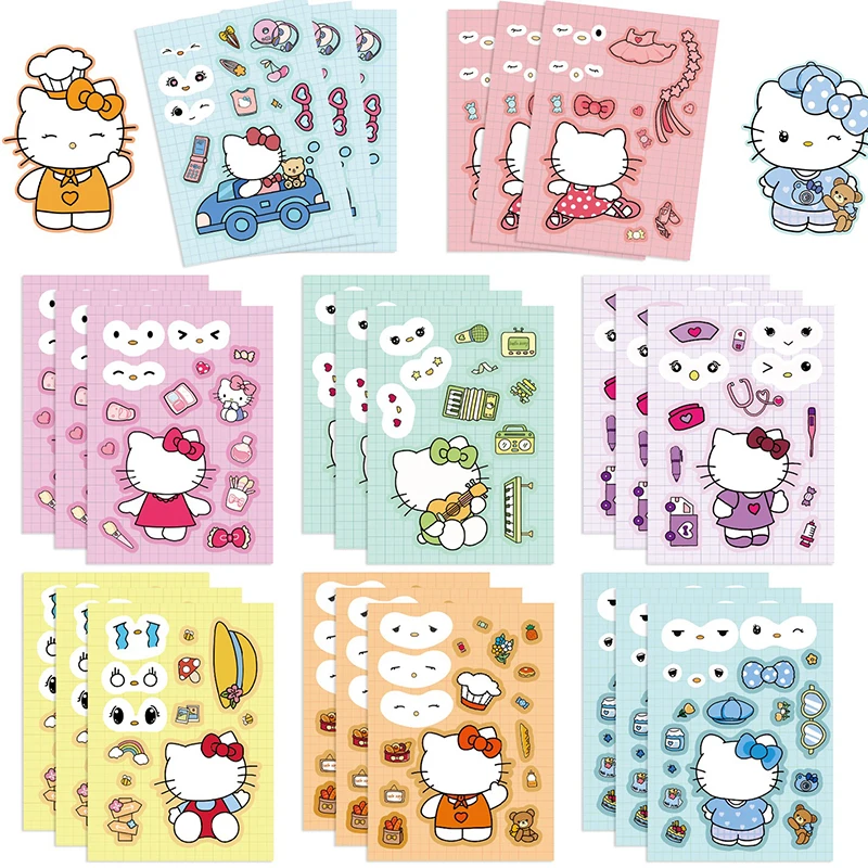 

8pcs Sanrio HelloKitty Kawaii Cartoon Make A Face Sticker Cartoon Figure Waterproof Decorative DIY Stickers Kids Favorite Gift