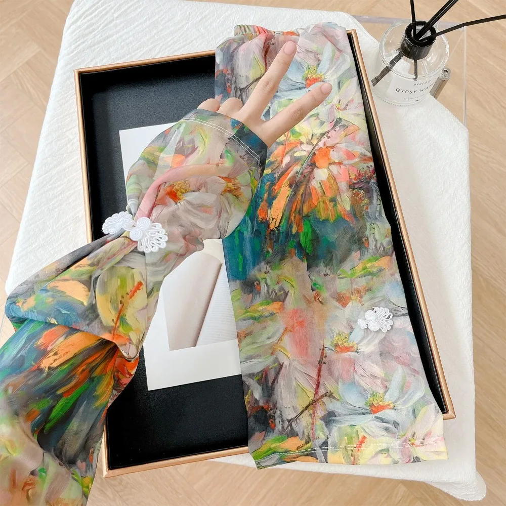 

Chinese Style Buckle Printed Ice Silk Sleeves Anti-UV Flower Chiffon Sunscreen Sleeve UV Insulation Sun Protection