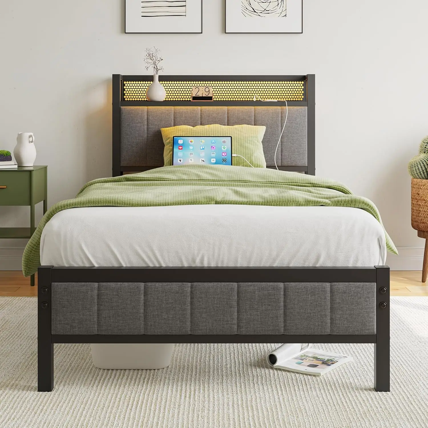 

Bofeng Twin Bed Frame With Charging Station And Led Lights,Upholstered Headboard With Storage Shelves,Metal Single Bed Frame