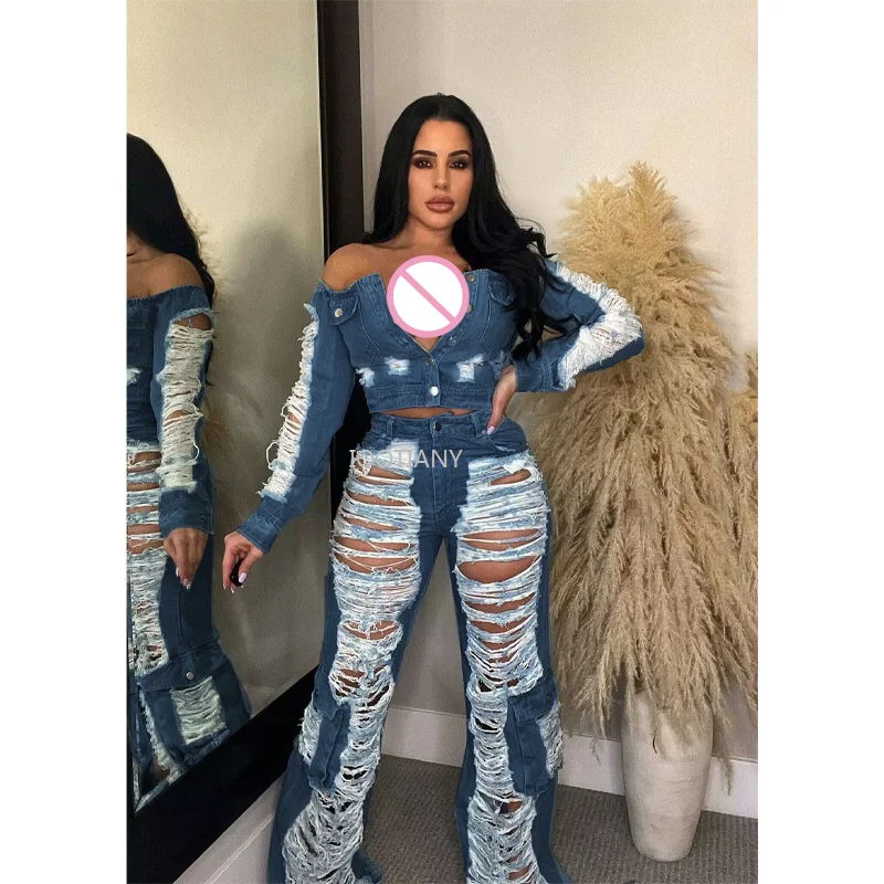 2024 Women Streetwear High Waist Button Stretchy Hollow Out Deinm Wide Leg Pants Fashion Straight Ripped Jeans Casual Trousers