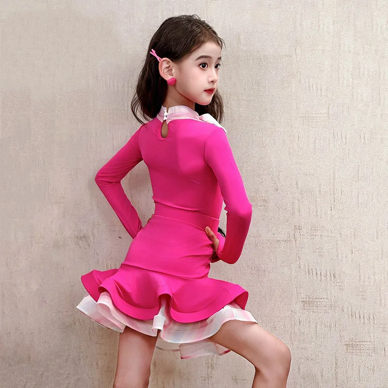 Rose Roze Latin Dans Jurk Meisjes Prestaties Kleding Lange Mouwen Chacha Dans Praktijk Kleding Competitie Jurk DNV25315