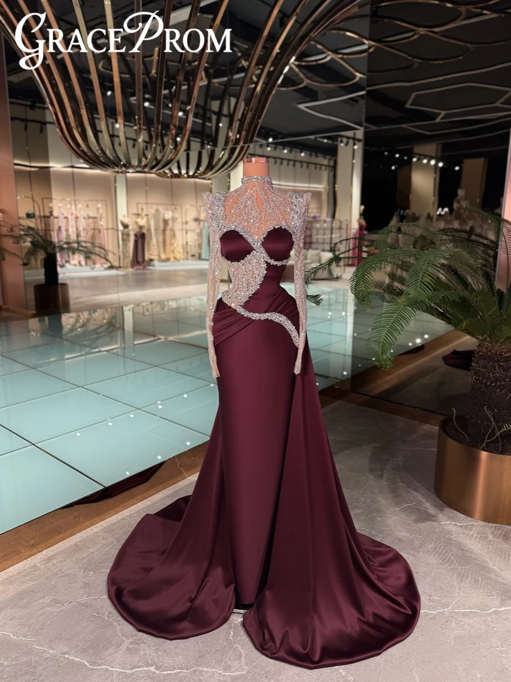 

Бордовое атласное длинное вечернее платье со шлейфом, стильное вечернее платье с высоким воротником, роскошные платья для выпускного вечера по индивидуальному заказу