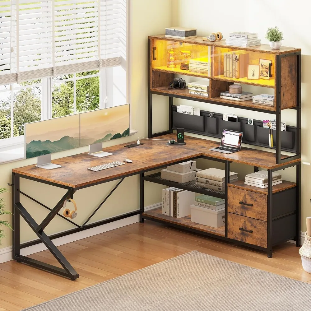 

L Shaped Computer Desk, Home Office Desk with 2 Drawer and Bookshelf, L Shaped Gaming Desk with LED Light, Glass Cabinet