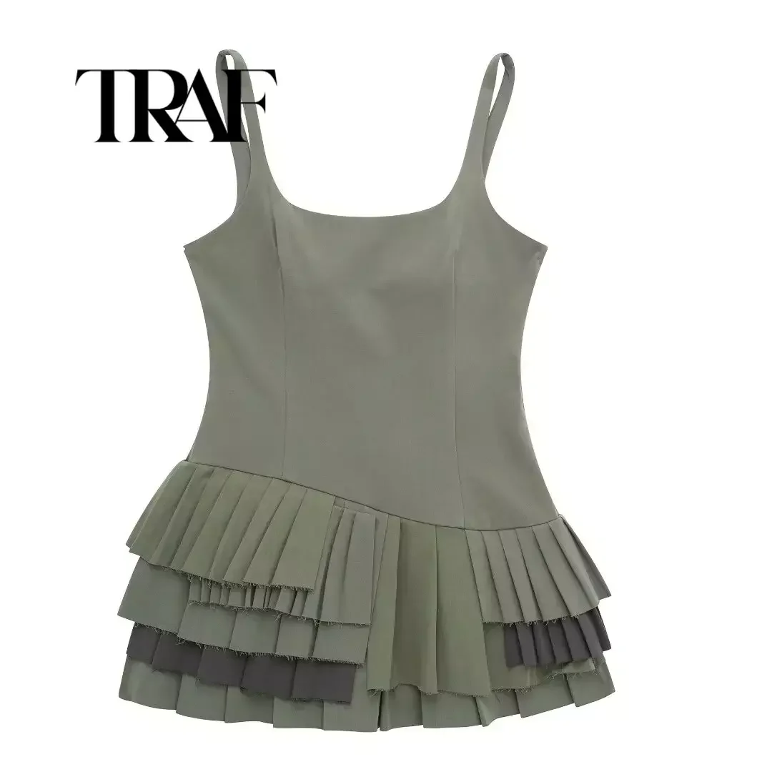 

TRAF Irregular Pleated Camisole Dress Women Sexy Slim Solid Sleeveless Mini Dresses 2024 Summer Female High Street Vestidos