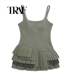 TRAF Irregular Pleated Camisole Dress Women Sexy Slim Solid Sleeveless Mini Dresses 2024 Summer Female High Street Vestidos