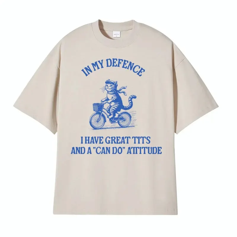 In My Defence I Have Great Tits Meme T-shirt Y2k Funny Vintage Cat Cartoon Pun T Shirt Men Women Fashion Casual Oversized Tshirt