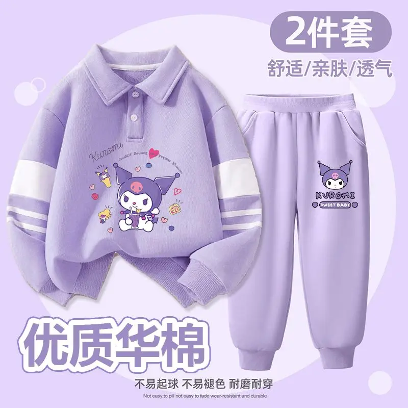 2024 Kuromi Hoodie Trousers Sanrio Kawaii Anime Hello Kitty My Melody Set Autumn Cute Cartoon T-Shirt Long Sleeve Top Kid Gift